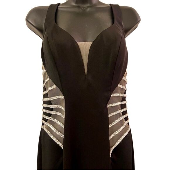 La Femme Sleeveless Mesh Cut Out Bling Formal Full Length Black Evening Dress 8 - Picture 8 of 16